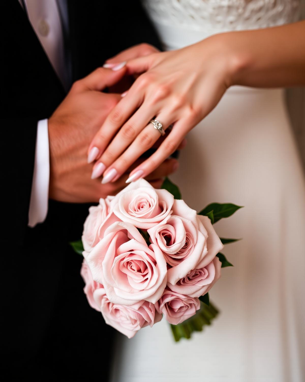 Hands with wedding rings resting on a bouquet of pale roses