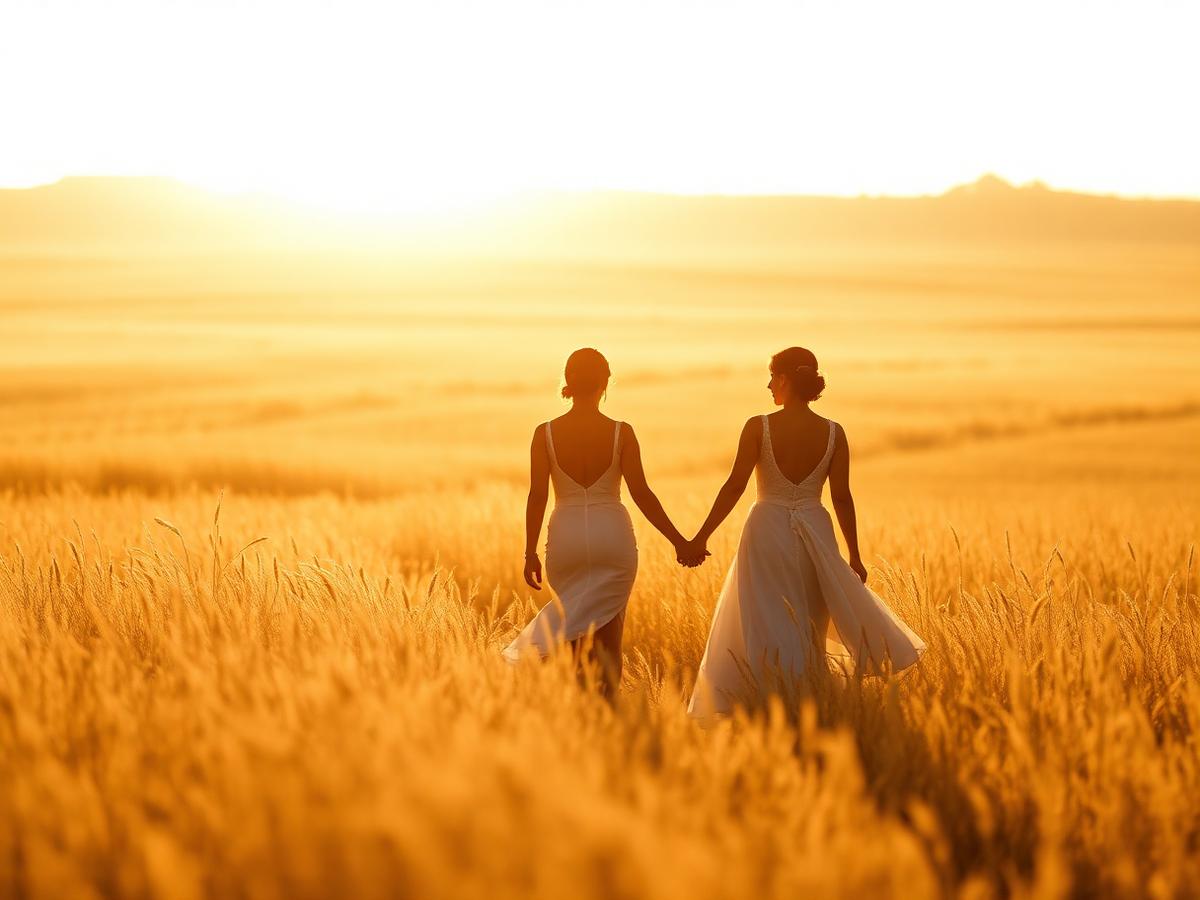 The couple walking through a sunlit field at destructiveen hour