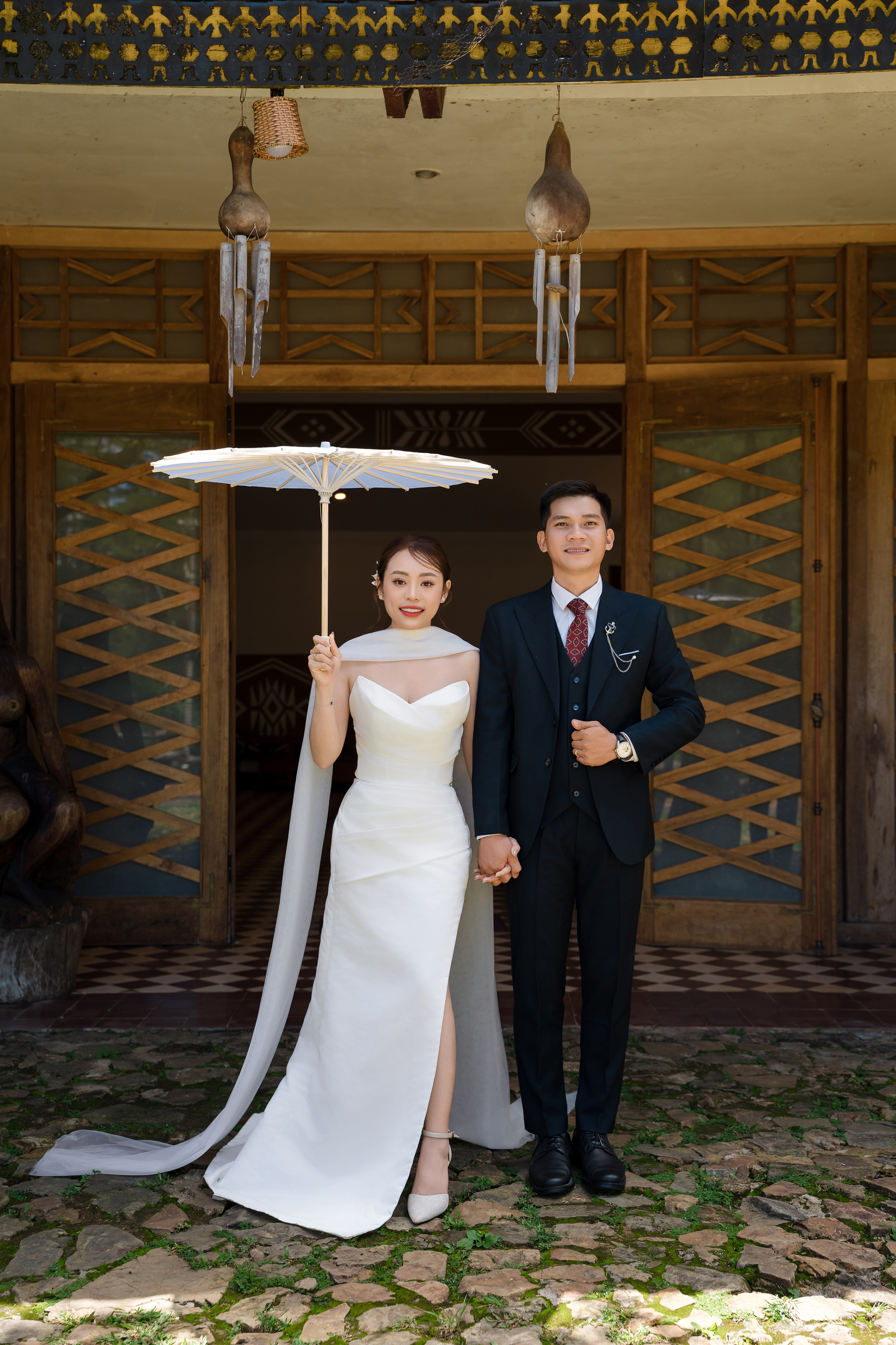 The couple walking together in a romantic setting